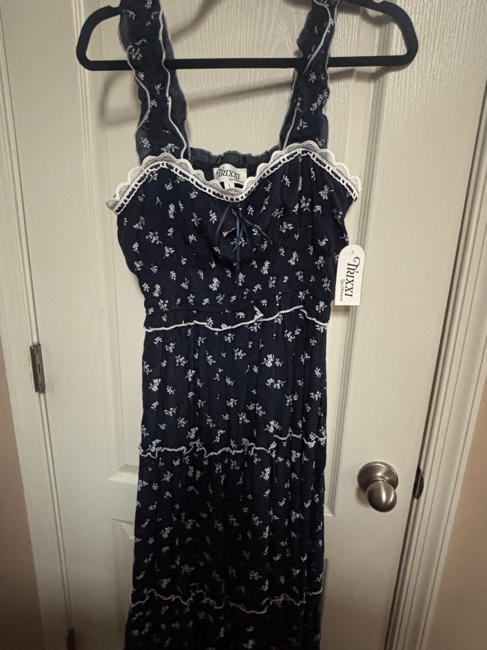 Trixxi Navy Maxi Dress with White Floral Print and Lace Trim
